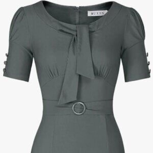 Gray Vintage Tie-Neck Flared Midi Dress - Size 2XL